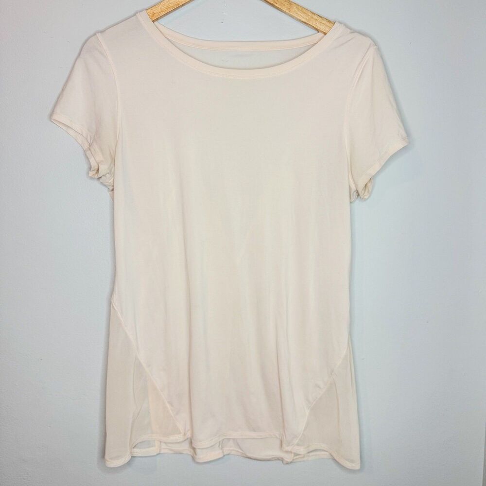 Zella Pale Peach Mesh Panel Open V Back Short Sleeve Workout Top Size M
